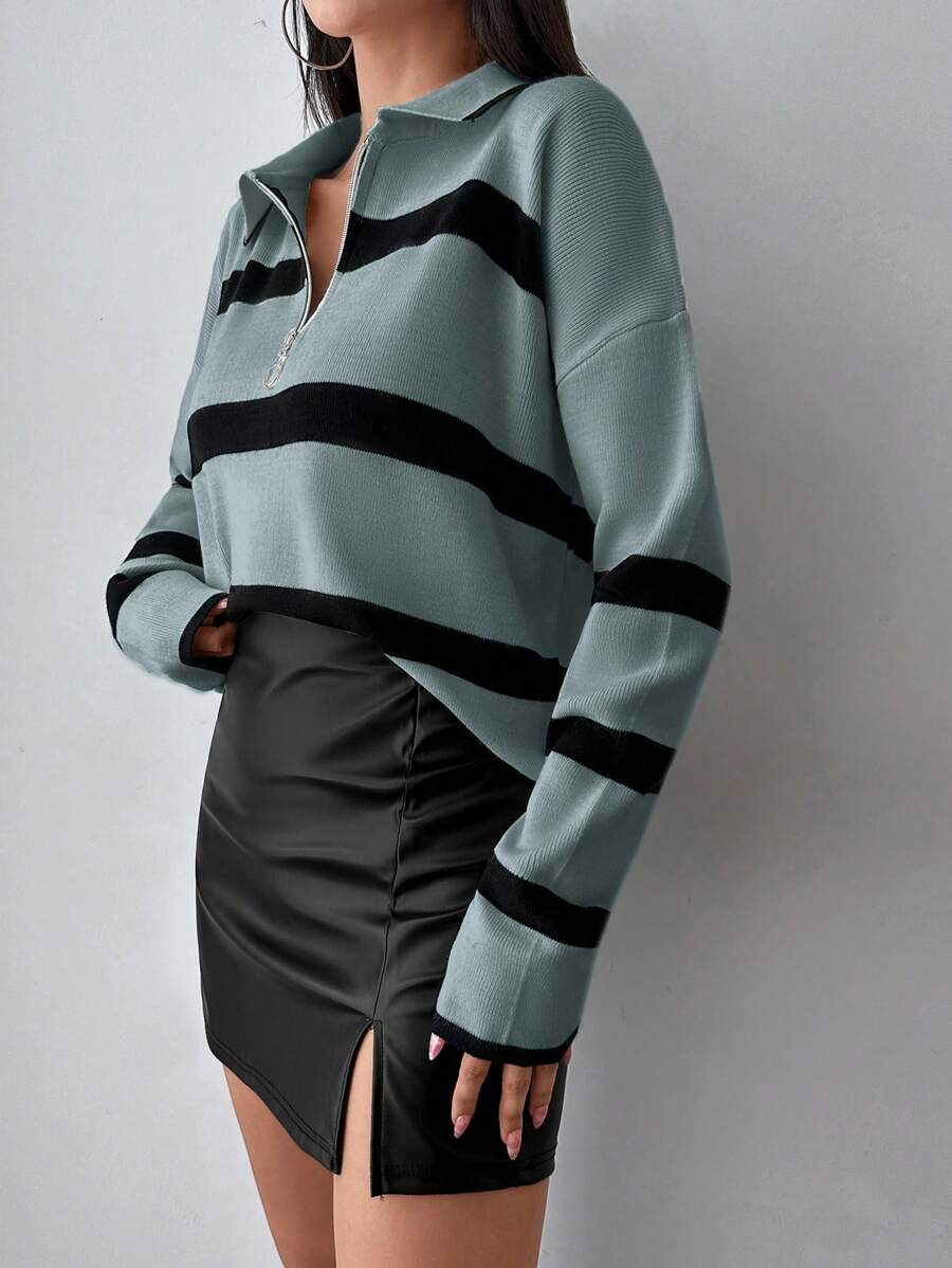 Striped Half Zip Pointed Collar Jumper