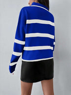 Striped Half Zip Pointed Collar Jumper