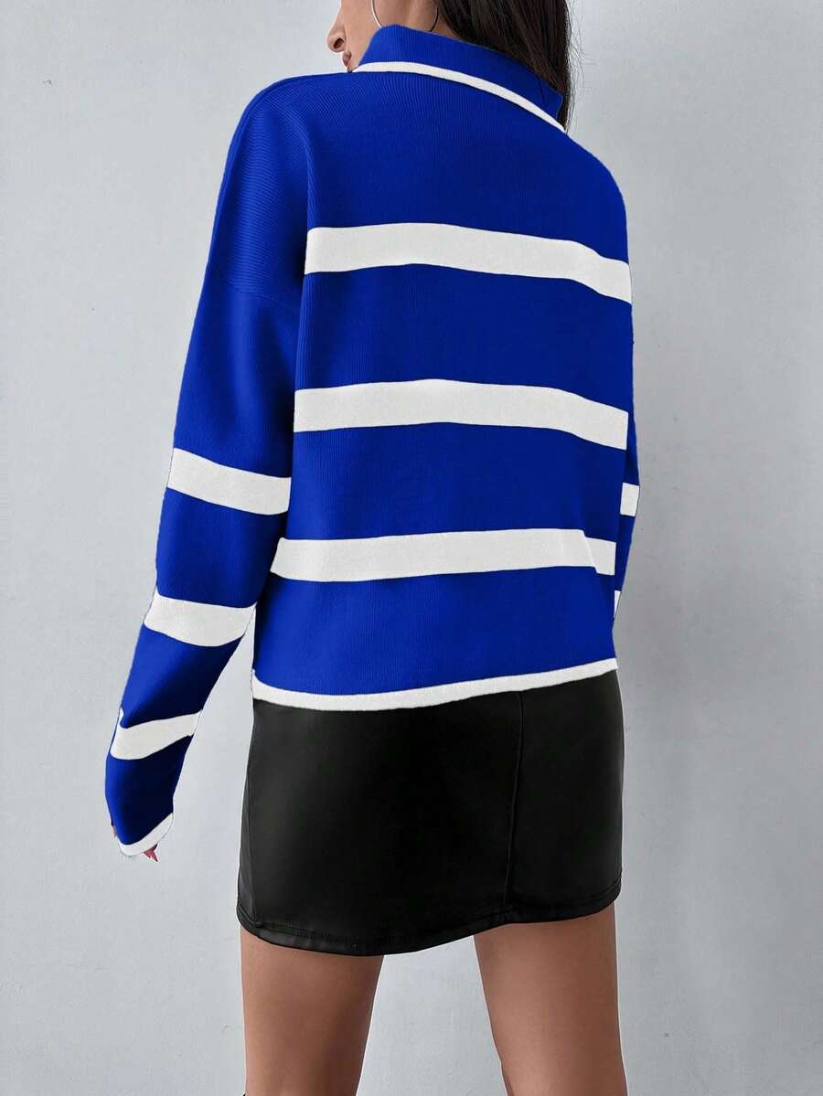 Striped Half Zip Pointed Collar Jumper