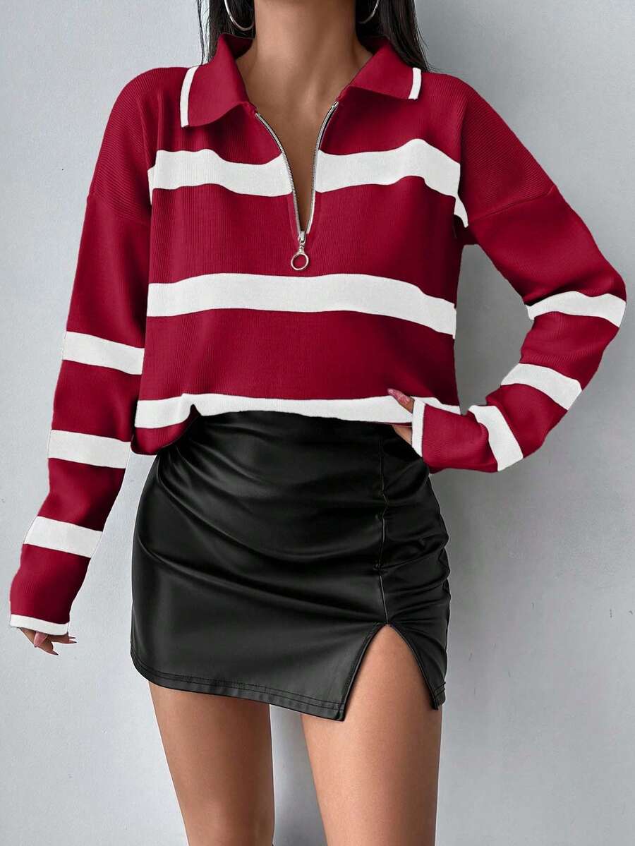 Striped Half Zip Pointed Collar Jumper