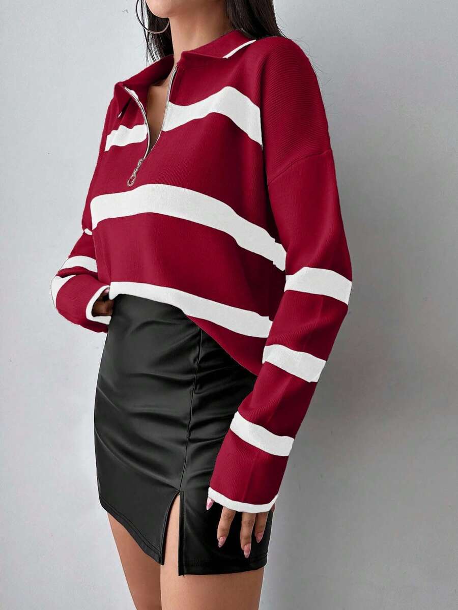 Striped Half Zip Pointed Collar Jumper