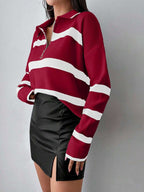 Striped Half Zip Pointed Collar Jumper