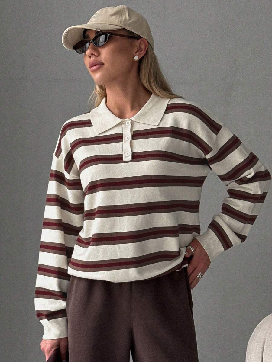 Striped Polo Collar Jumper with Button Placket