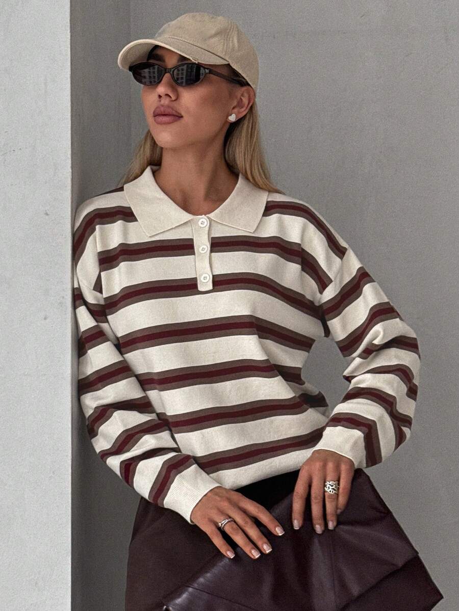 Striped Polo Collar Jumper with Button Placket