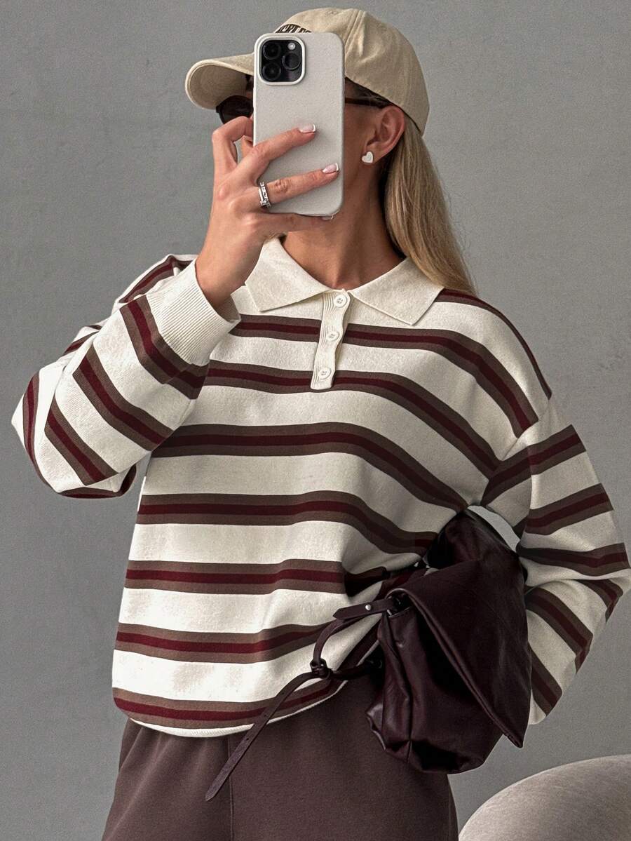 Striped Polo Collar Jumper with Button Placket