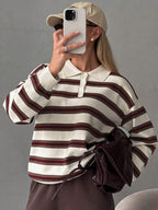 Striped Polo Collar Jumper with Button Placket