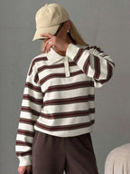Striped Polo Collar Jumper with Button Placket