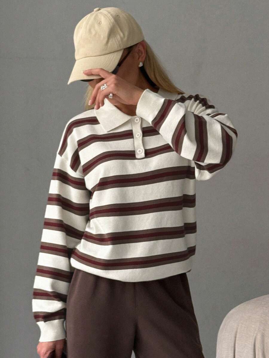 Striped Polo Collar Jumper with Button Placket