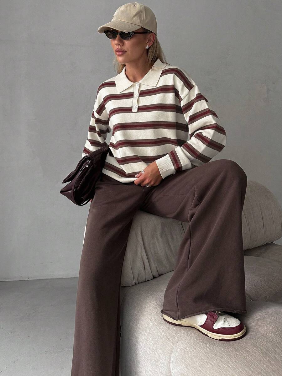 Striped Polo Collar Jumper with Button Placket