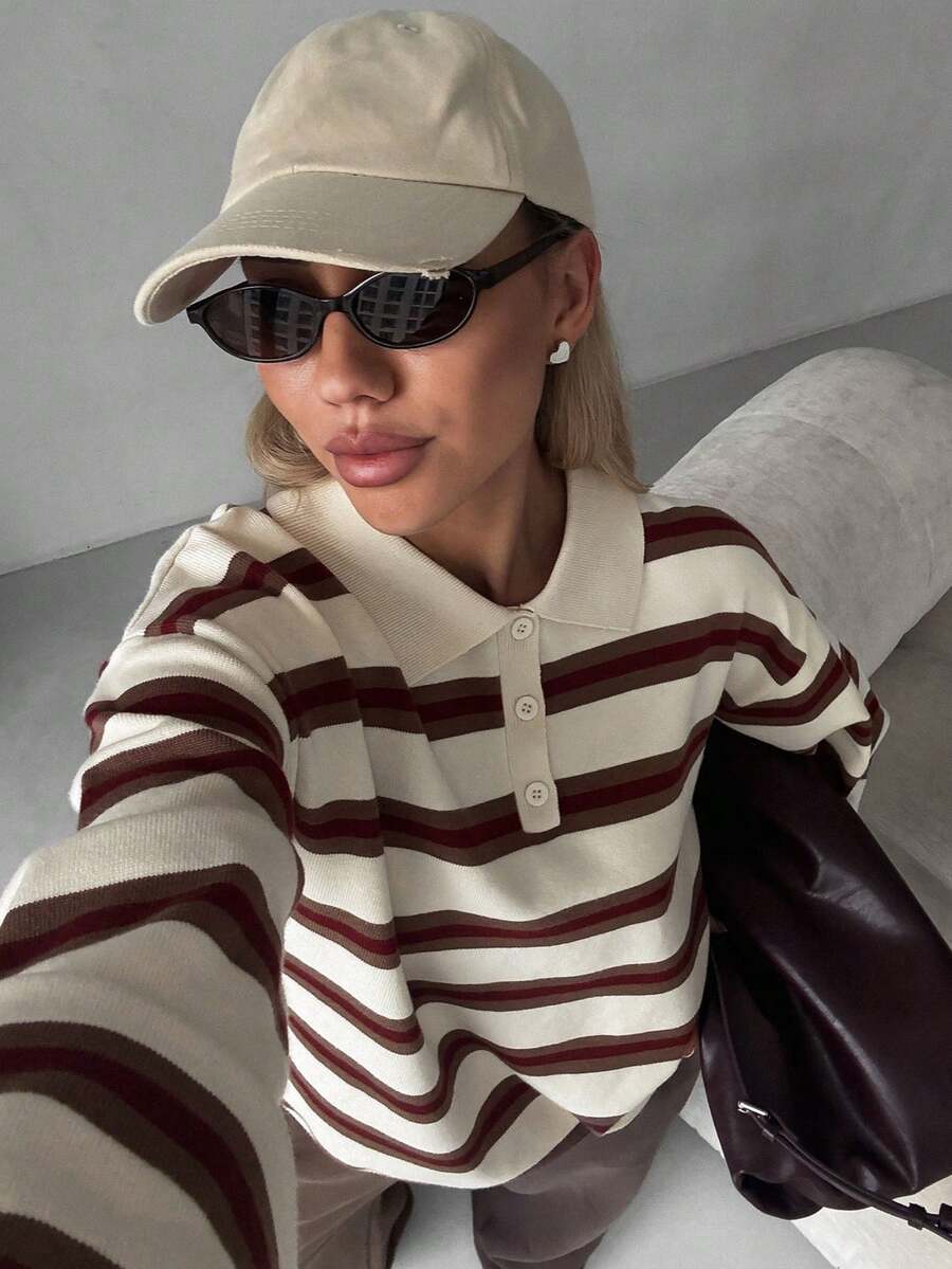 Striped Polo Collar Jumper with Button Placket