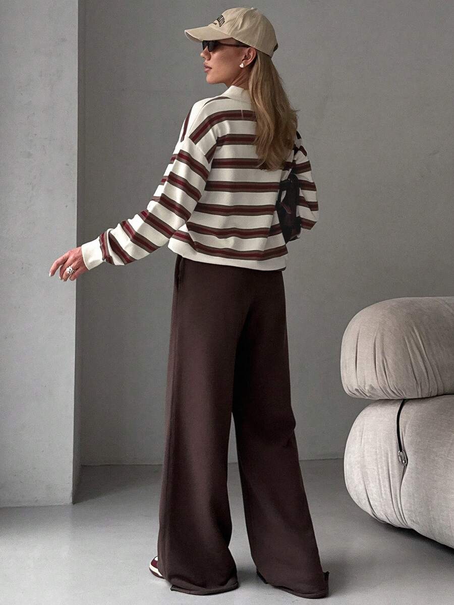 Striped Polo Collar Jumper with Button Placket