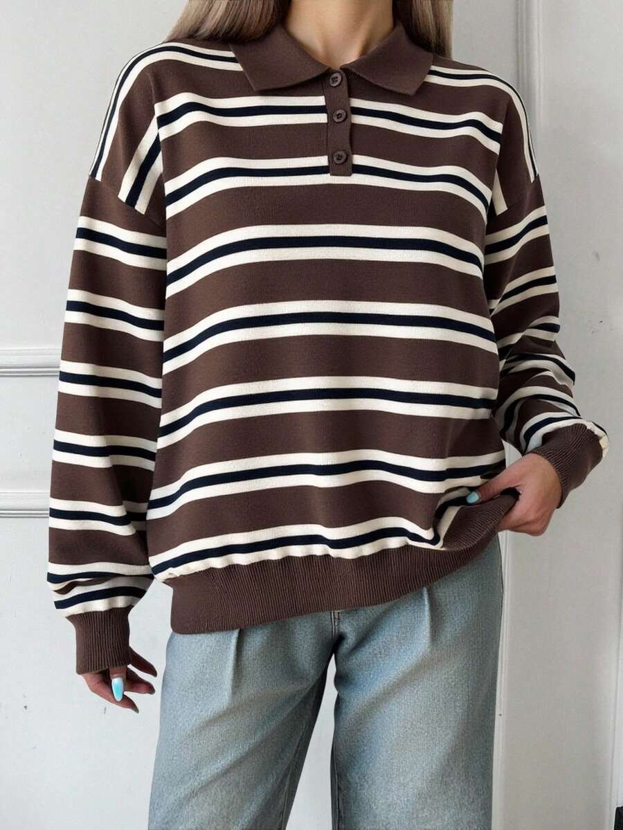 Striped Polo Collar Jumper with Button Placket