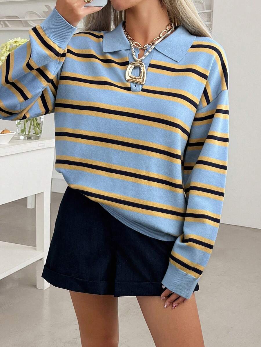 Striped Polo Collar Jumper with Button Placket