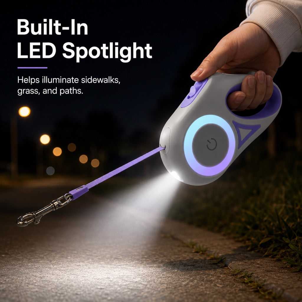 LED Retractable Dog Leash for Night Walks - Light-Up Dog Leash with Built-In Spotlight, RGB Side Glow & One-Touch Brake for Safer Evening Walks