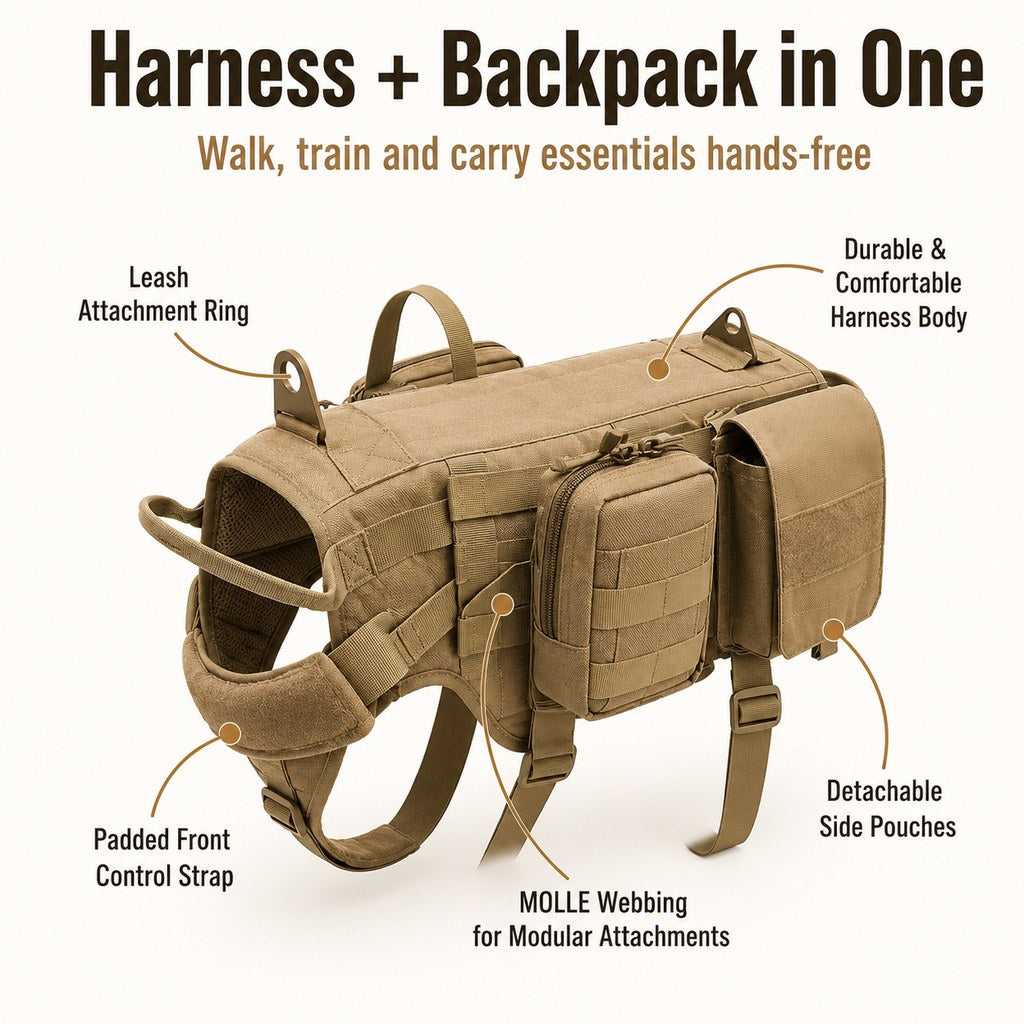 Tactical Dog Backpack Harness for Hiking & Daily Walks - Detachable Pouches for Gear & Better Control