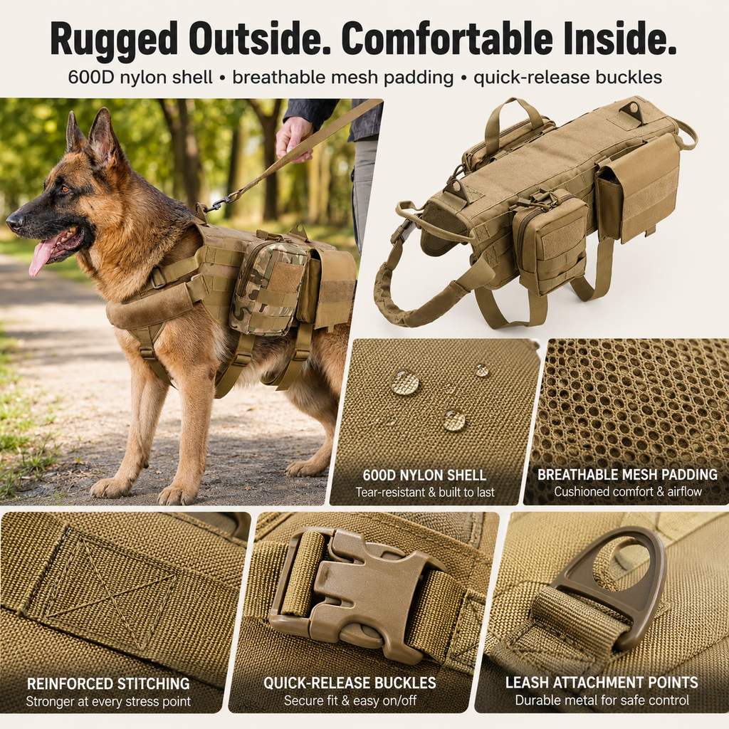 Tactical Dog Backpack Harness for Hiking & Daily Walks - Detachable Pouches for Gear & Better Control