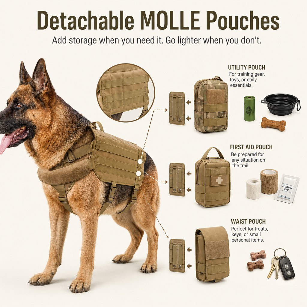Tactical Dog Backpack Harness for Hiking & Daily Walks - Detachable Pouches for Gear & Better Control