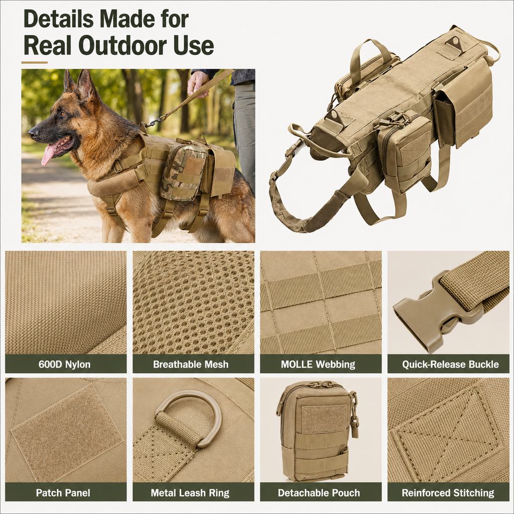 Tactical Dog Backpack Harness for Hiking & Daily Walks - Detachable Pouches for Gear & Better Control