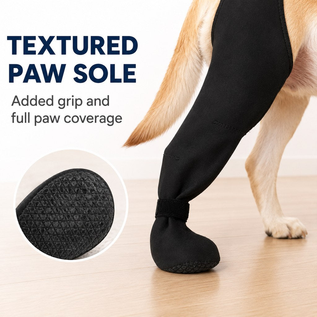 Adjustable Dog Rear Leg Recovery Sleeve with Paw Cover - Helps Limit Licking During Post-Surgery Rest