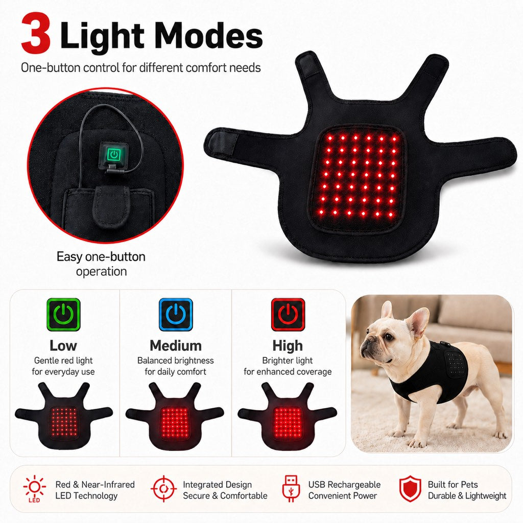 Red Light Comfort Vest for French Bulldogs - USB-Powered or Built-In Battery At-Home Back, Belly & Hip Comfort After Walks, Stairs & Playtime