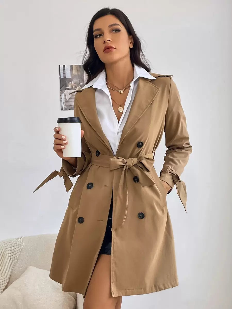 Tie Cuff Belted Double Breasted Trench Coat