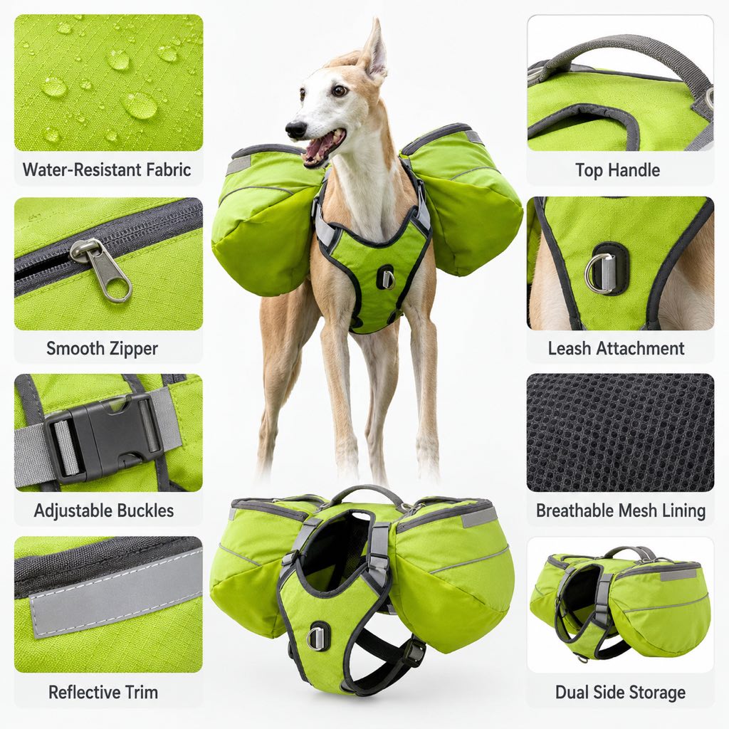 Dog Saddlebag Backpack Harness for Hiking & Camping - Hands-Free Storage for Water, Treats & Trail Essentials