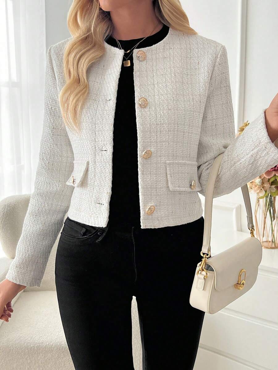 Tweed Button Front Cropped Jacket