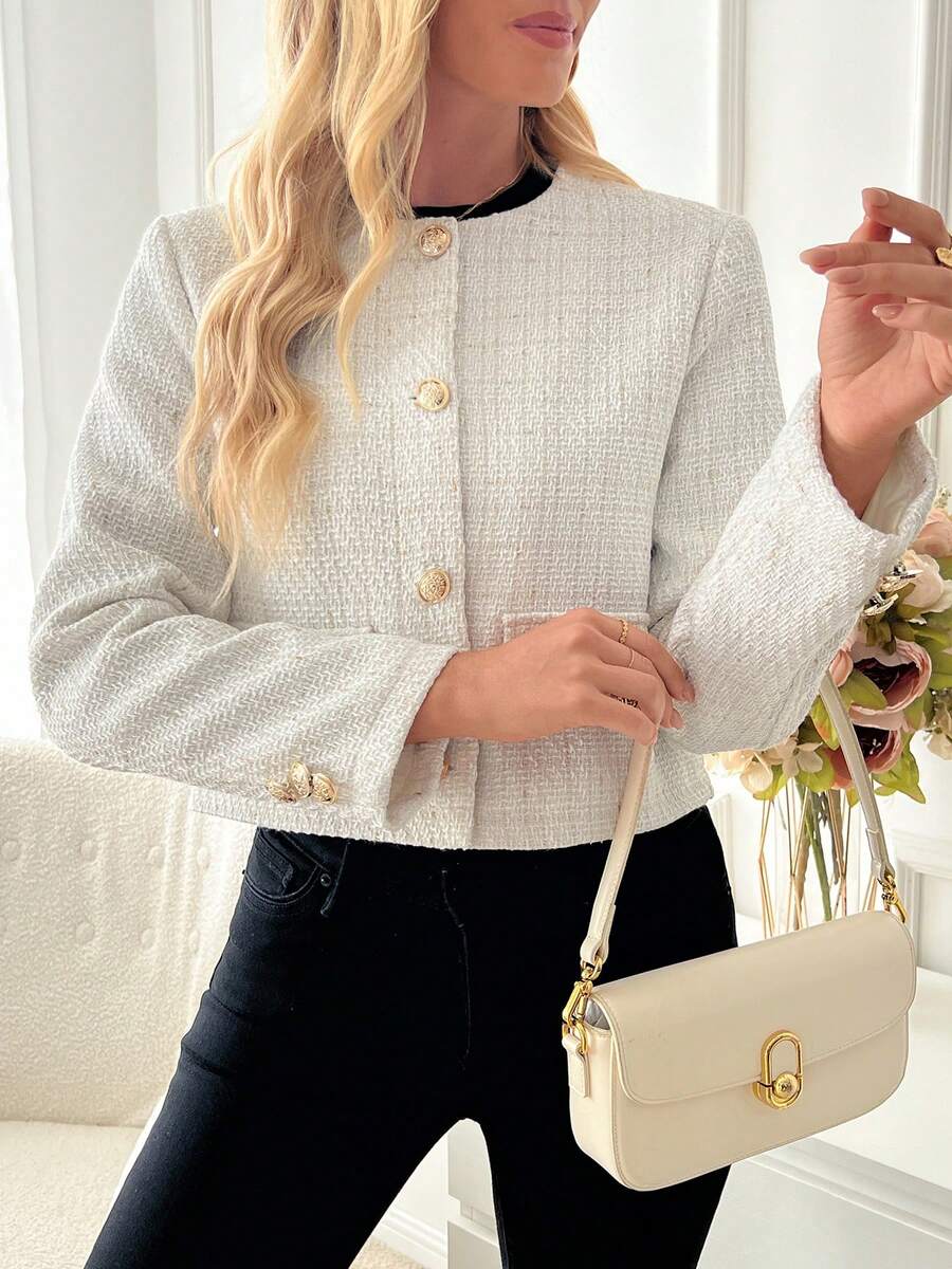 Tweed Button Front Cropped Jacket