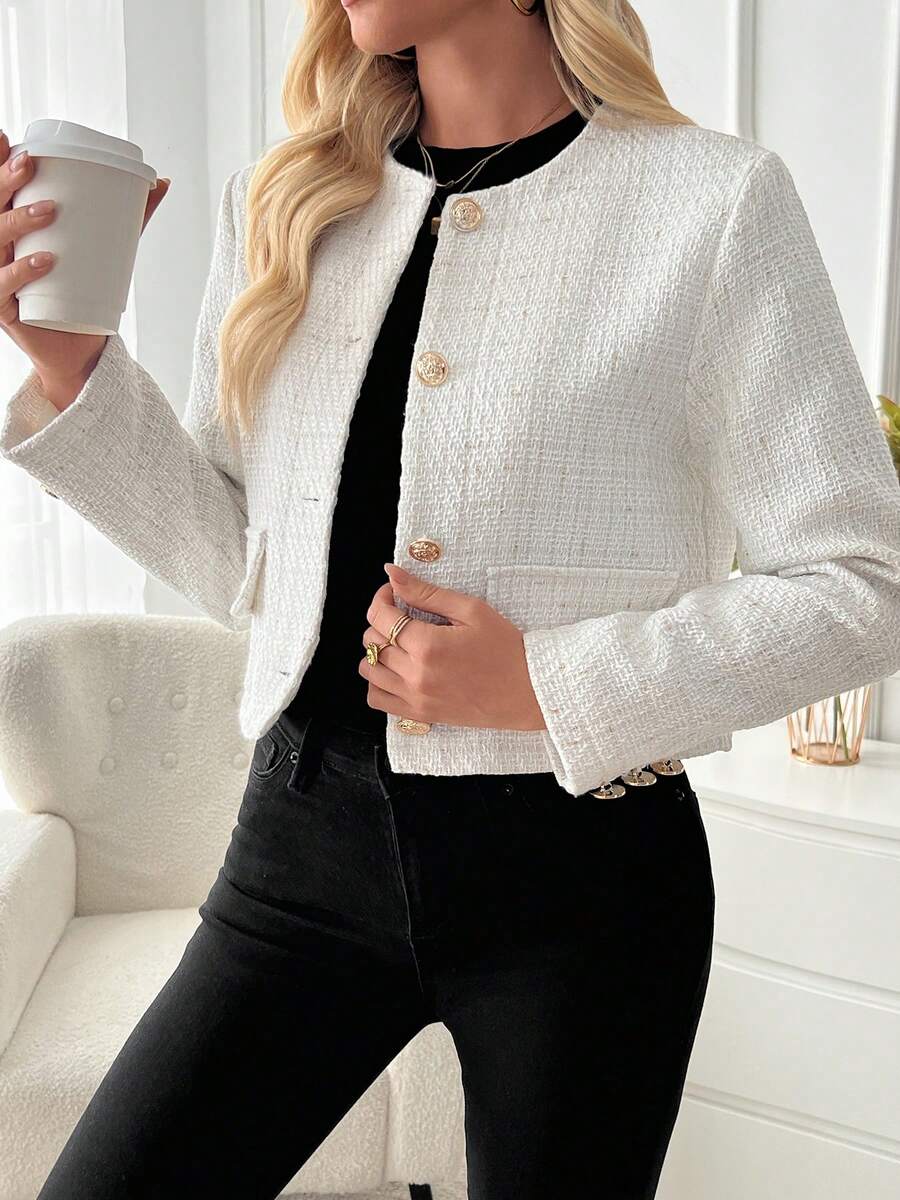 Tweed Button Front Cropped Jacket