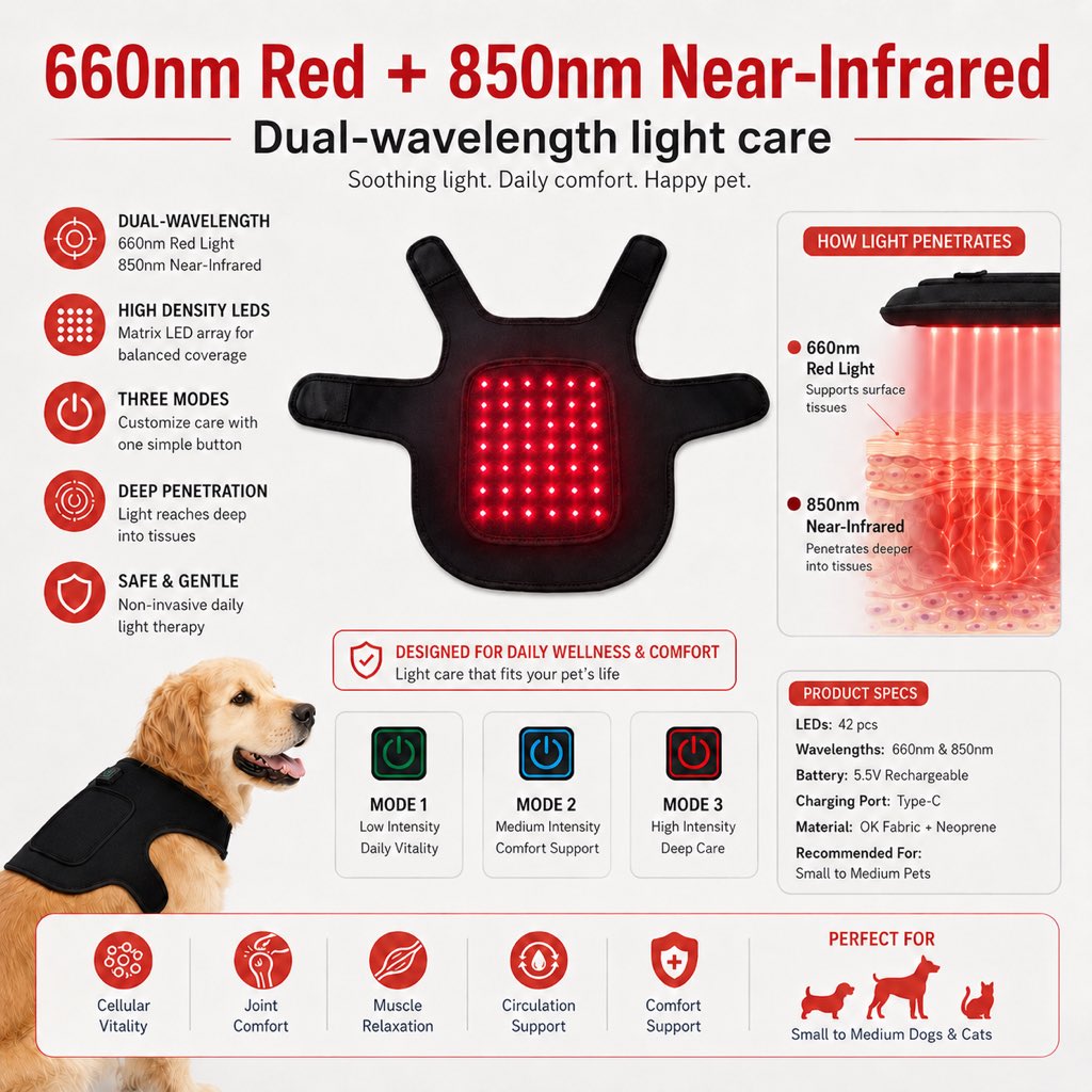 Red Light Comfort Vest for French Bulldogs - USB-Powered or Built-In Battery At-Home Back, Belly & Hip Comfort After Walks, Stairs & Playtime