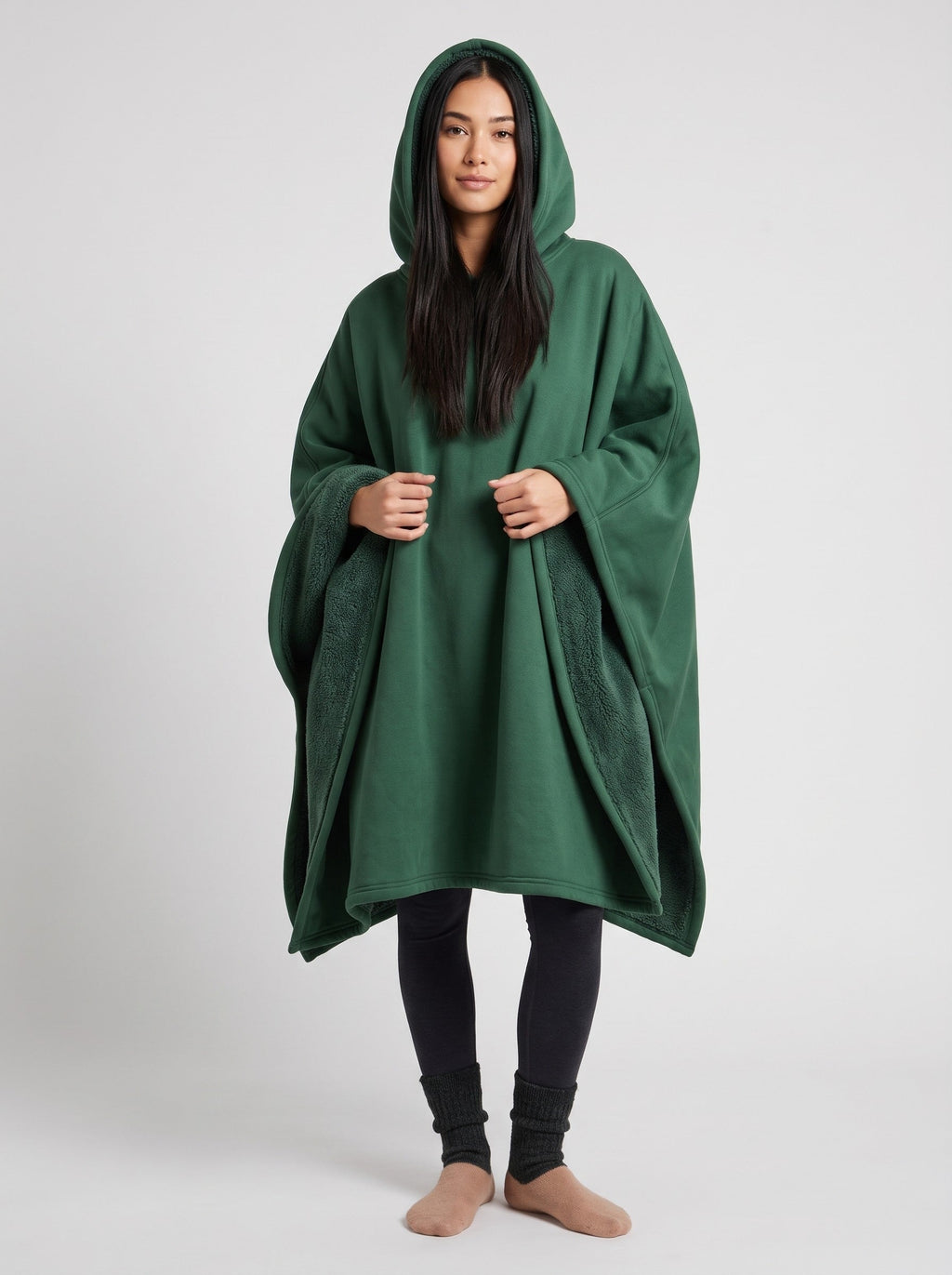 Wearable Blanket Poncho with Hood for Women and Men, Open Front with Plush Pile Lining and Wide Sleeves, Long Length, Sizes S-XL