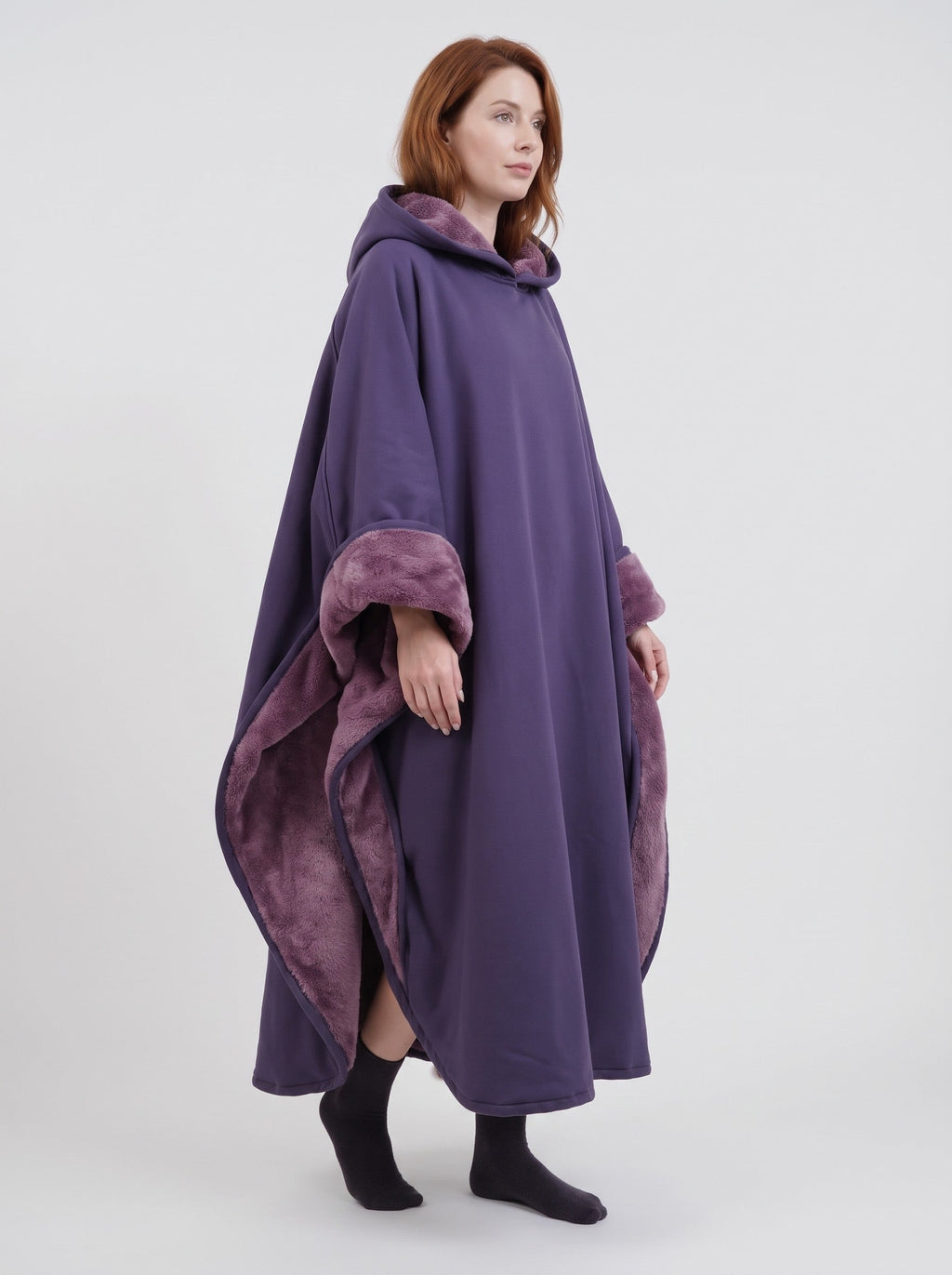 Wearable Blanket Poncho with Hood for Women and Men, Open Front with Plush Pile Lining and Wide Sleeves, Long Length, Sizes S-XL
