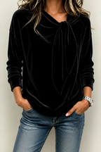 Tievelle – Velvet Tie-Neck Relaxed Blouse