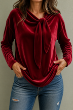 Tievelle – Velvet Tie-Neck Relaxed Blouse