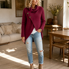 Cowl & Cozy – Asymmetric Cowl-Neck Button-Side Sweater