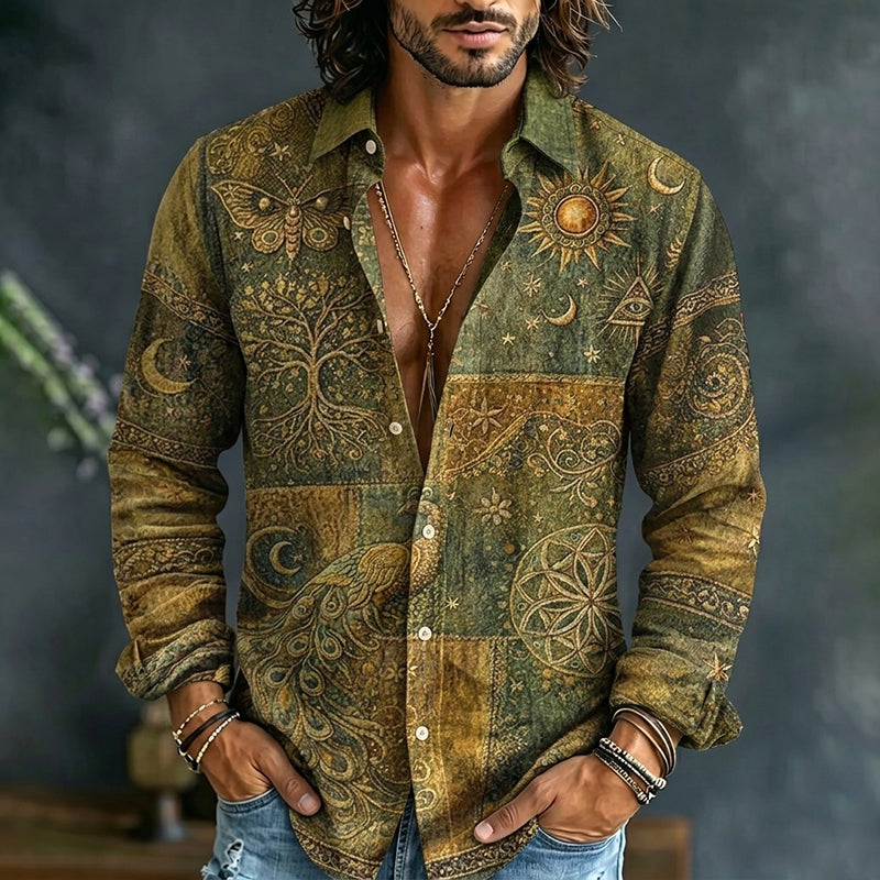 Men's Peacock Sun And Moon Print Shirt