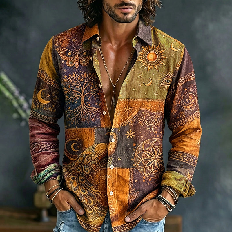 Men's Peacock Sun And Moon Print Shirt