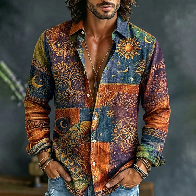 Men's Peacock Sun And Moon Print Shirt