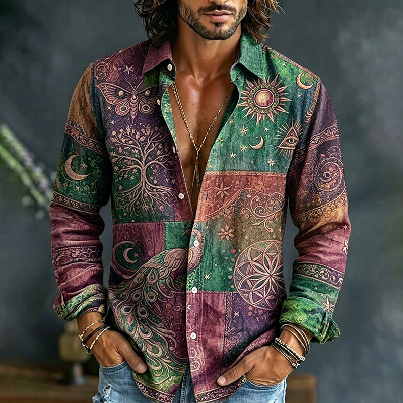 Men's Peacock Sun And Moon Print Shirt