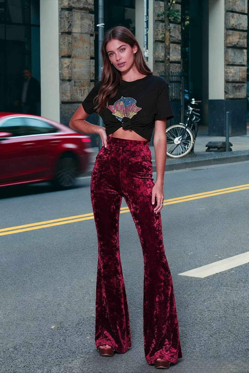 Women's High-Waisted Velour Wide-Leg Flared Trousers