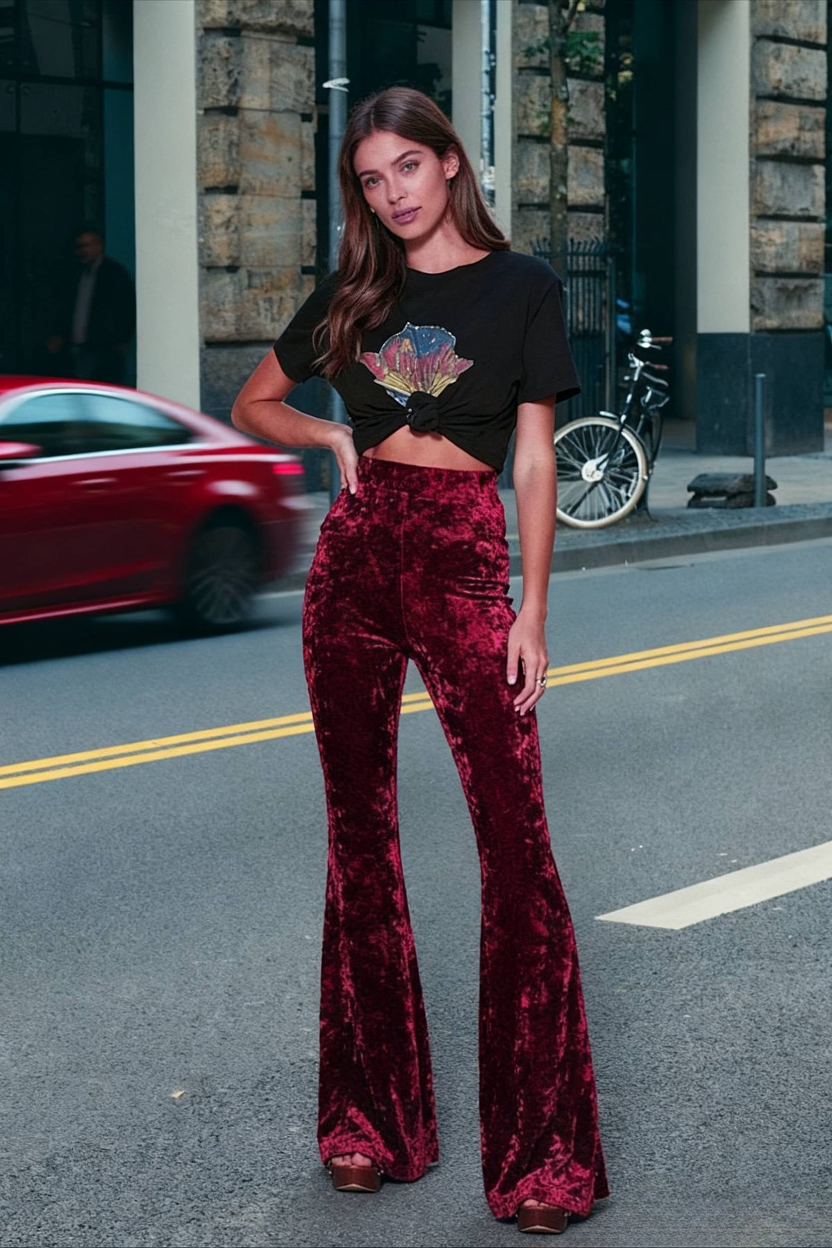 Women's High-Waisted Velour Wide-Leg Flared Trousers