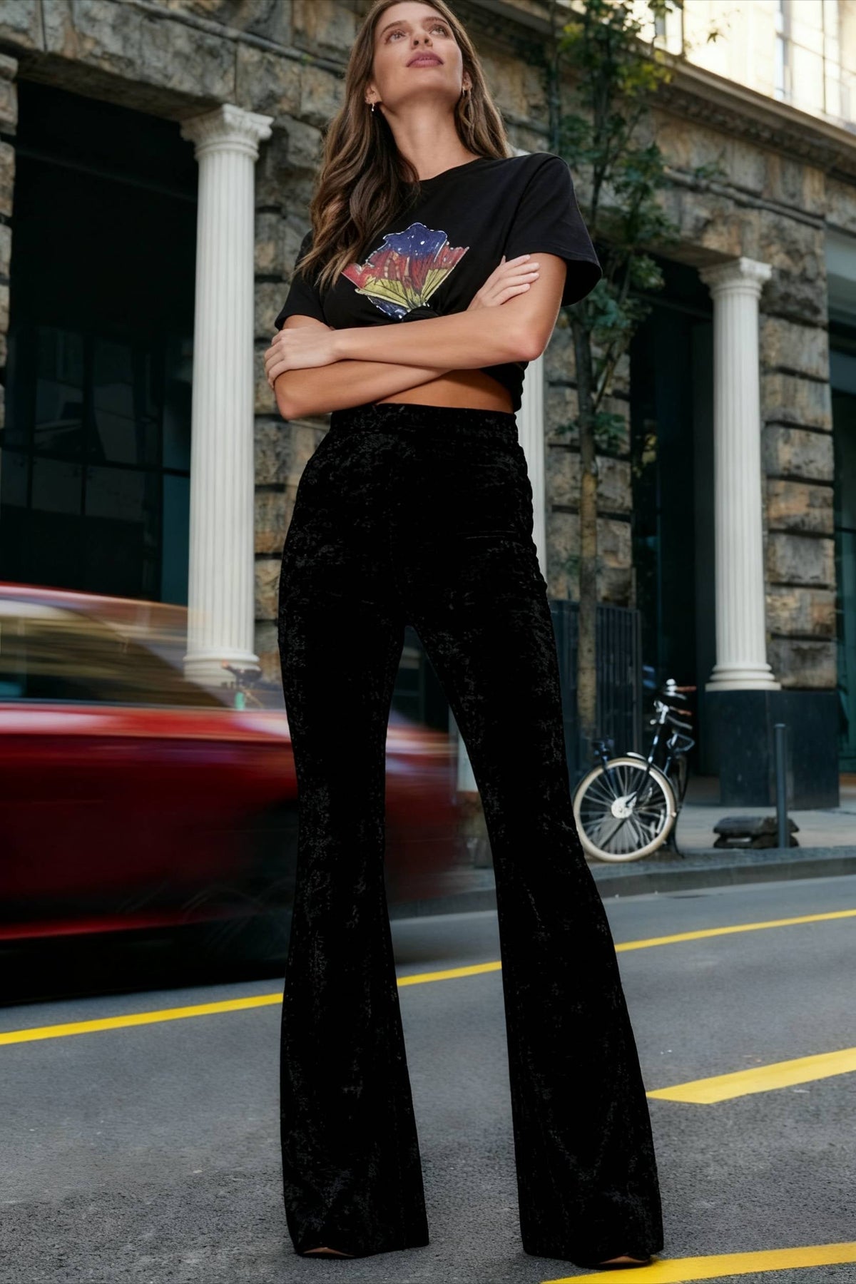 Women's High-Waisted Velour Wide-Leg Flared Trousers