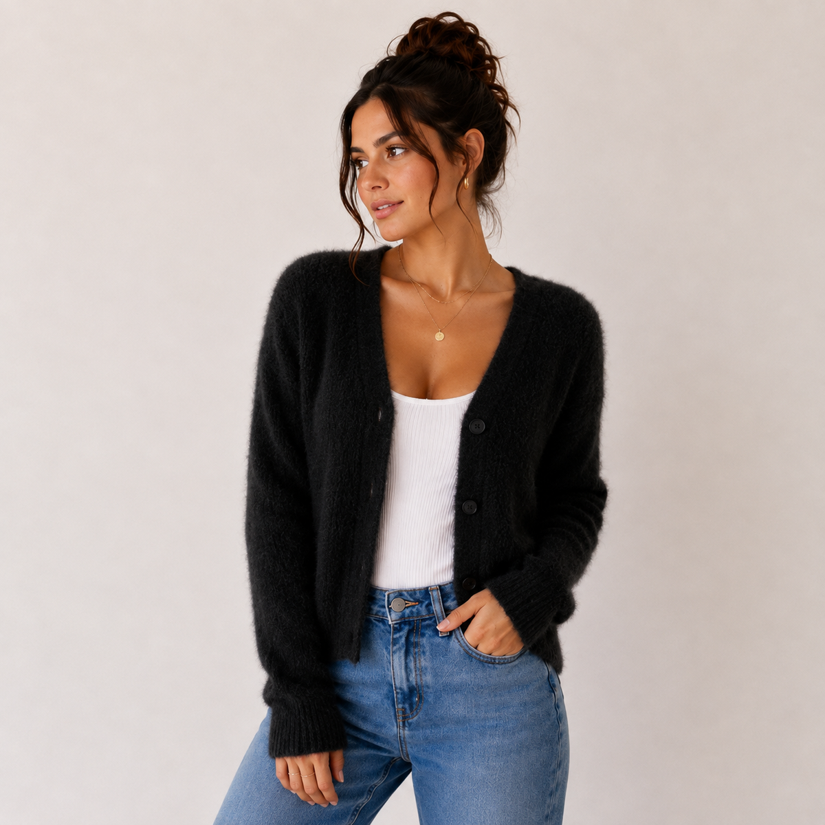 Women's V-Neck Fuzzy Cardigan
