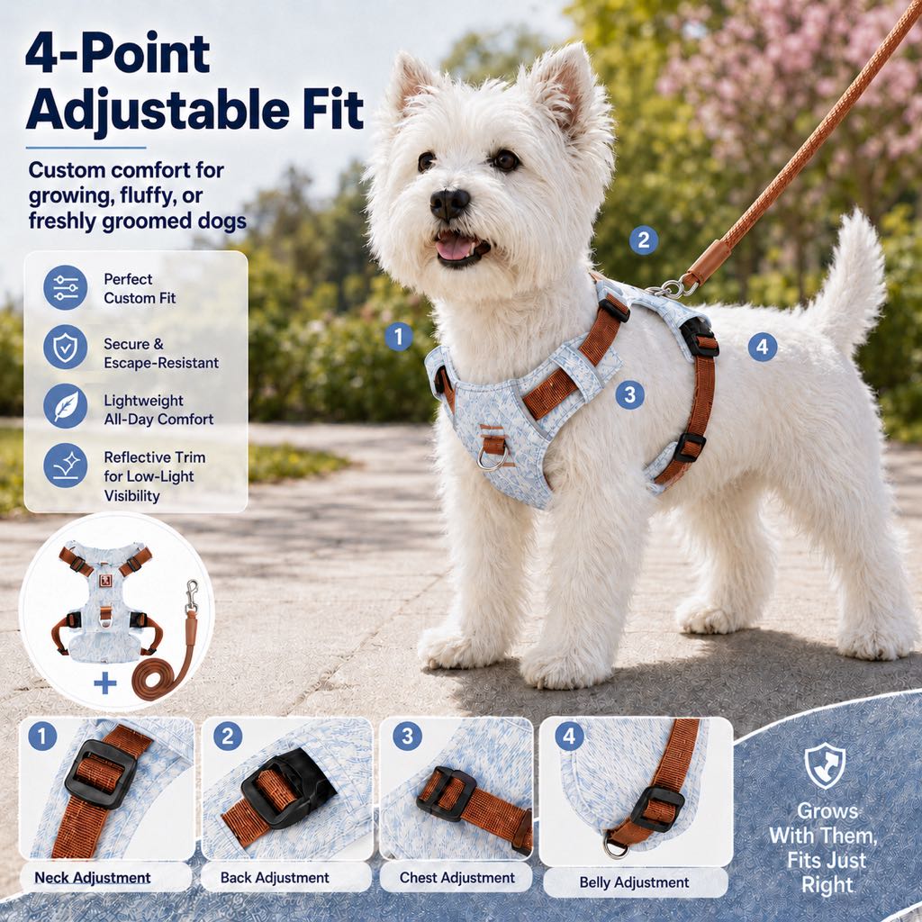 Vintage Denim No-Pull Dog Harness &5 ft Rope Leash Set - Soft Adjustable Vest for Everyday Walks, Better Control & Low-Light Visibility
