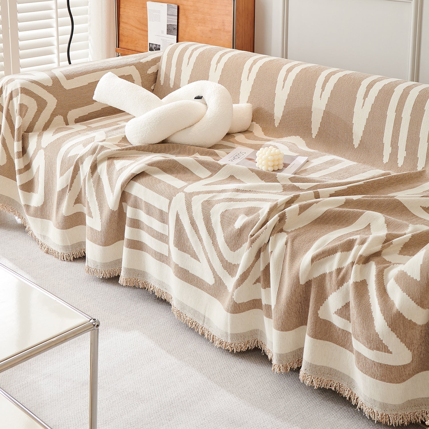 Boho Geometric Couch Cover for Pets – Woven Sofa Throw with Fringed Edge - image 1