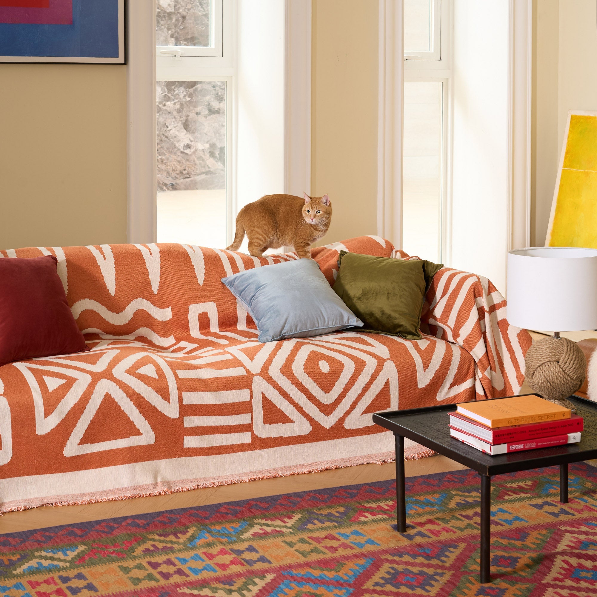Boho Geometric Couch Cover for Pets – Woven Sofa Throw with Fringed Edge - image 24