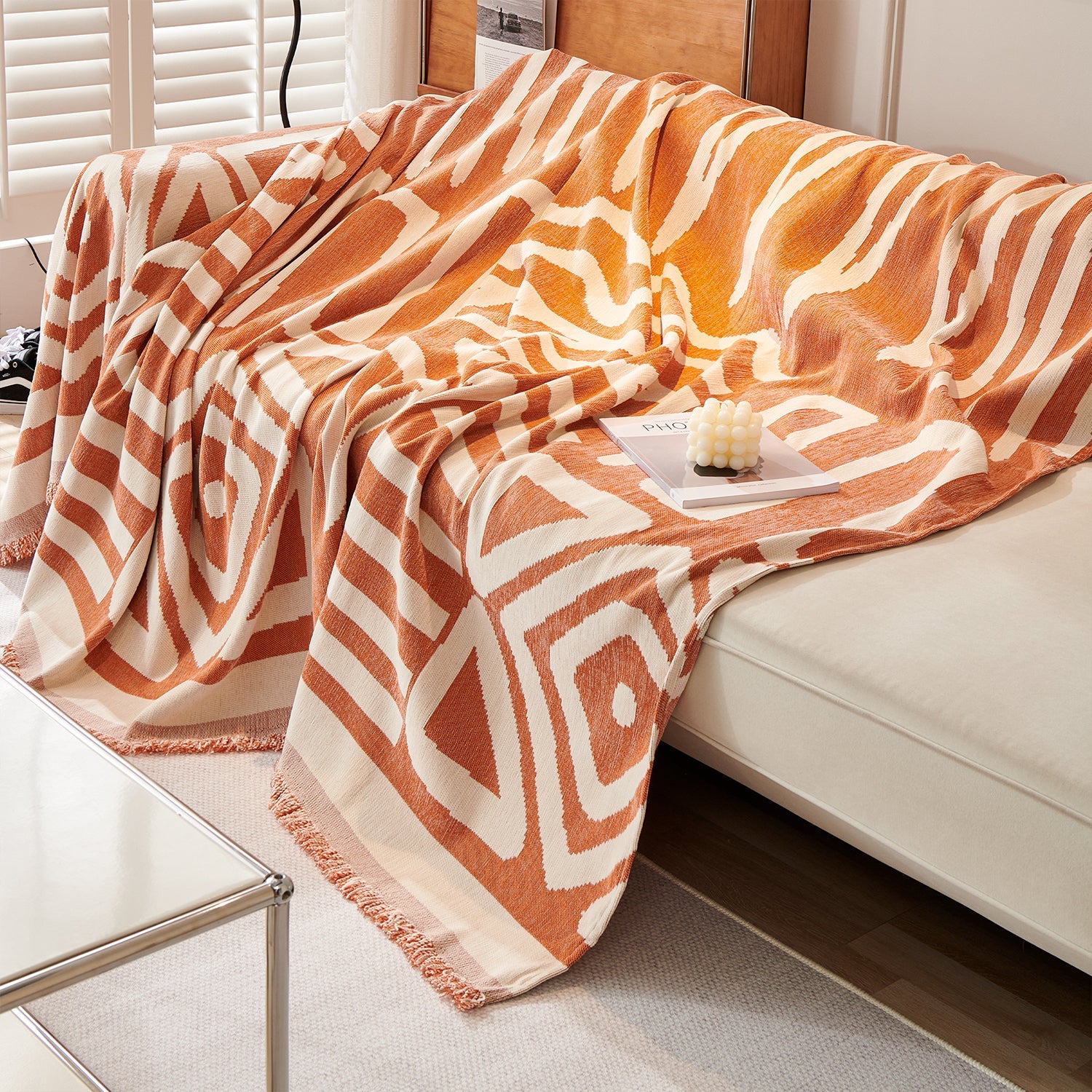 Boho Geometric Couch Cover for Pets – Woven Sofa Throw with Fringed Edge - image 26