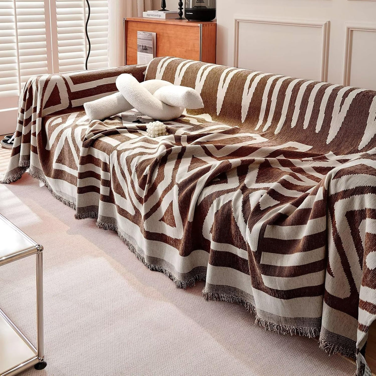 Boho Geometric Couch Cover for Pets – Woven Sofa Throw with Fringed Edge - image 41
