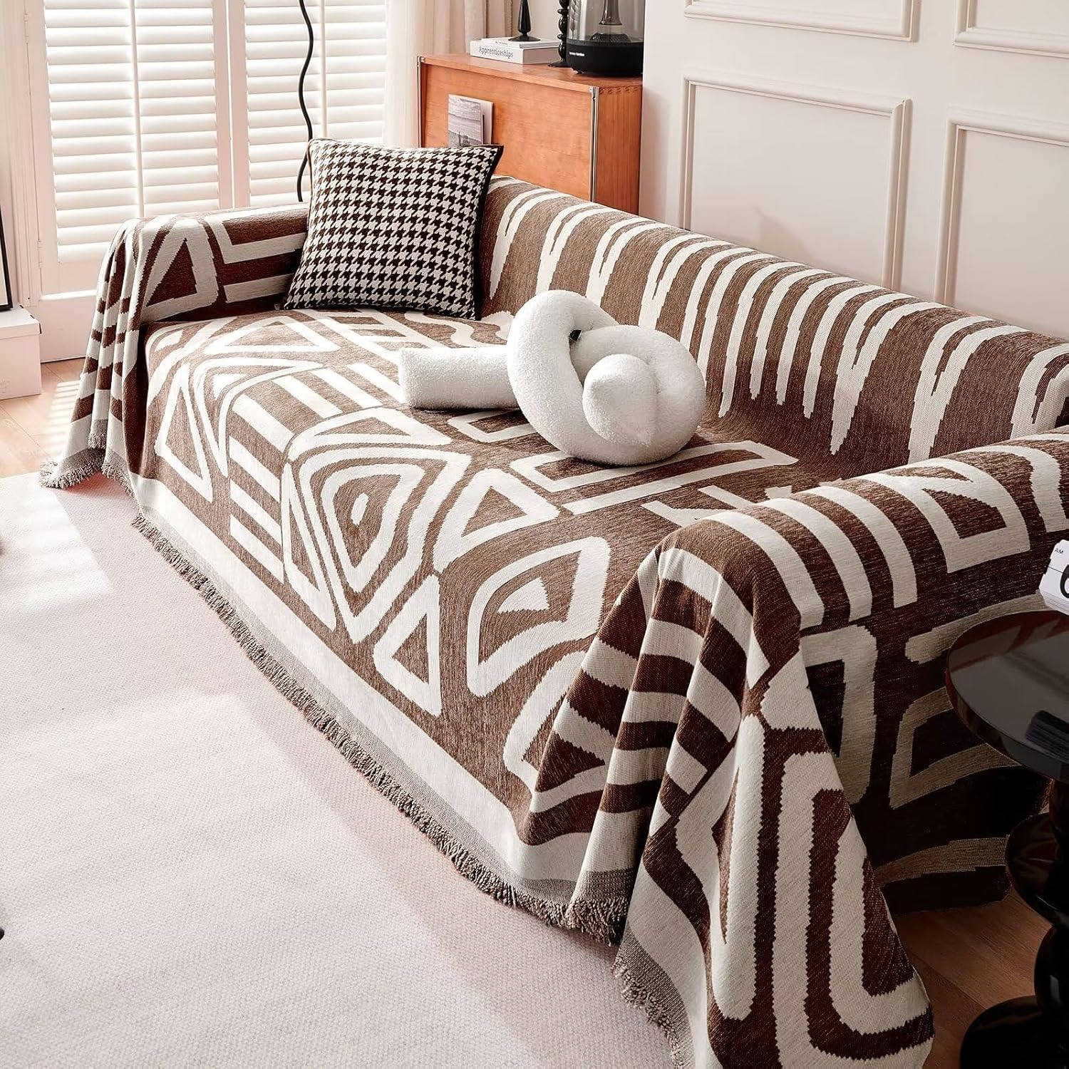 Boho Geometric Couch Cover for Pets – Woven Sofa Throw with Fringed Edge - image 42