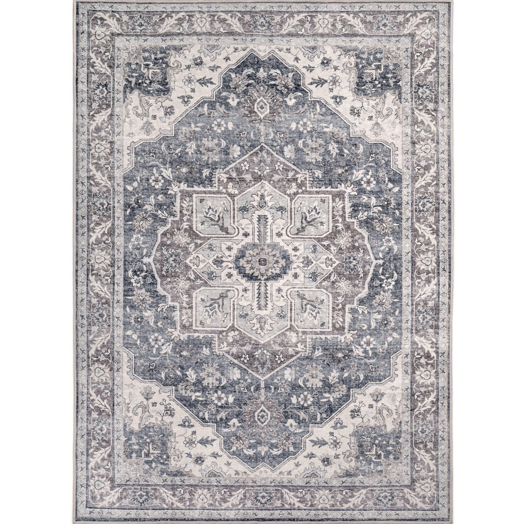 Washable Area Rug – Vintage Medallion in Ash & Natural, Pet-Friendly - image 1